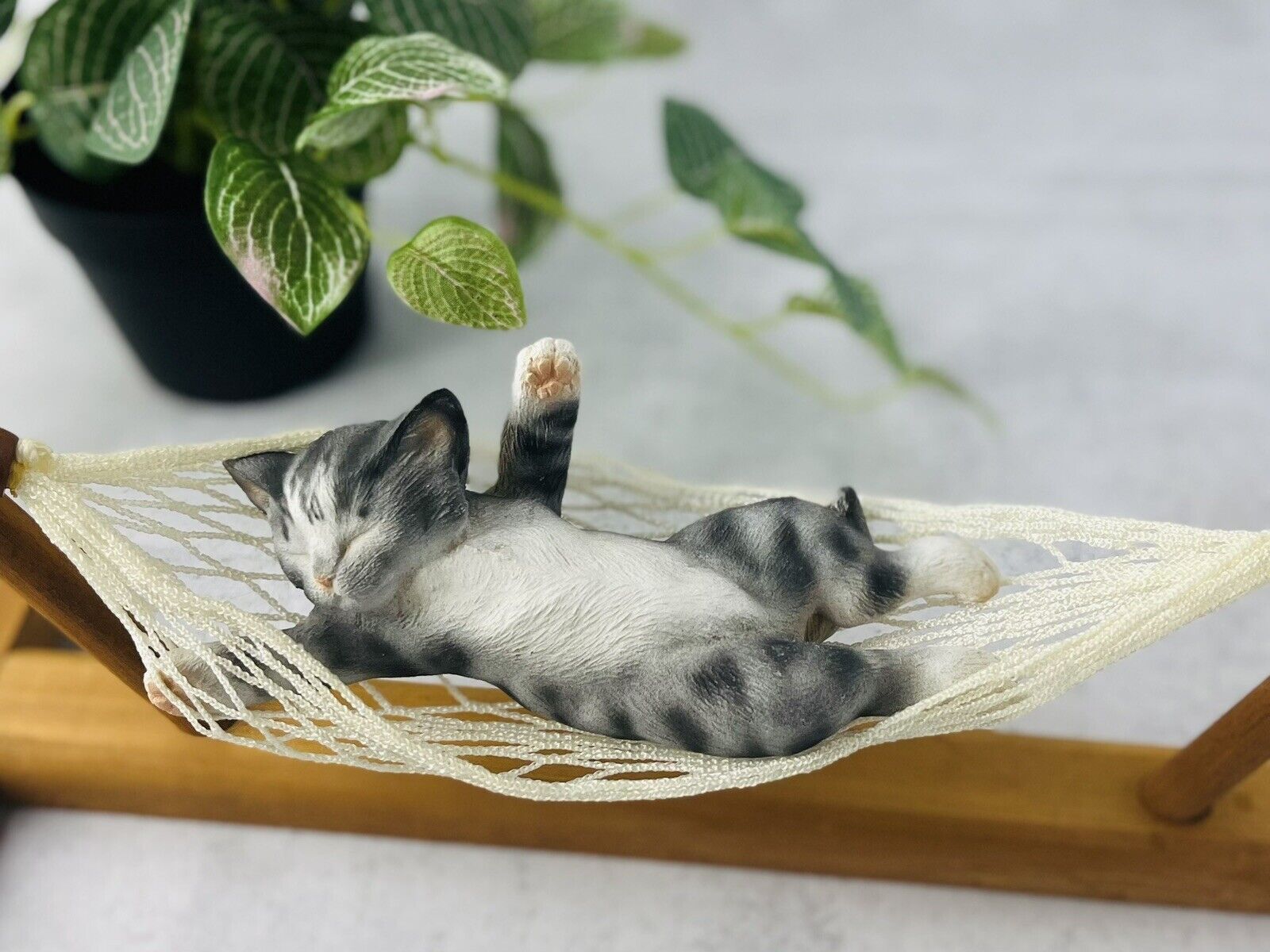 RARE vintage Japanese Beckoning Tabby Cat  In Hammock Luck Kitty Sleeping