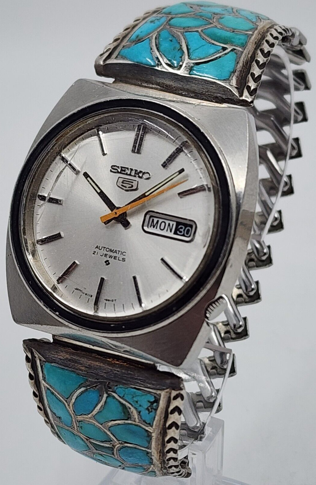 Vintage Seiko 5 Automatic W/ Native Sterling Fishscale Inlay Turquoise Tips