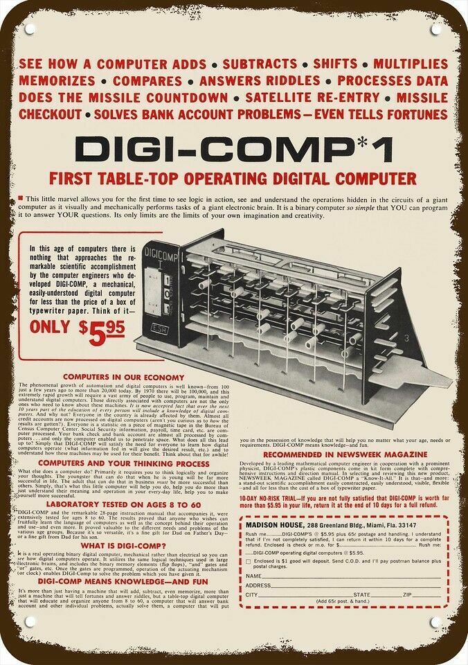 1968 DIGI-COMP 1 DIGITAL COMPUTER Vintage-Look **DECORATIVE REPLICA METAL SIGN**