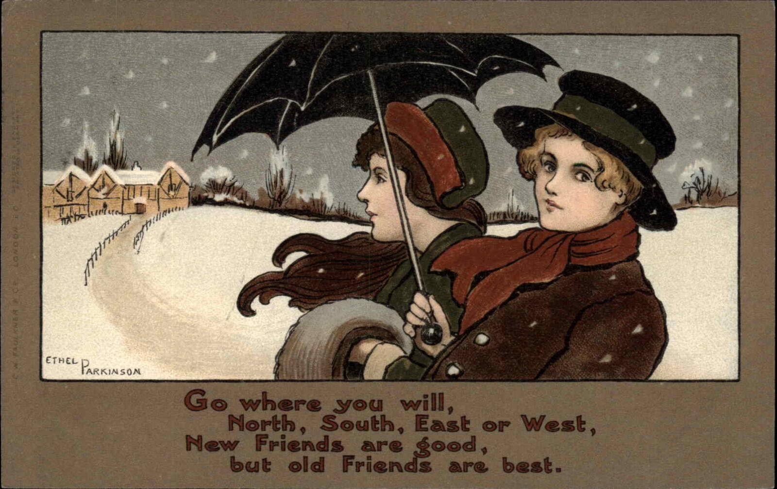 Ethel Parkinson Victorian Art Beautiful Women with Umbrella Snow c1910 Postcard