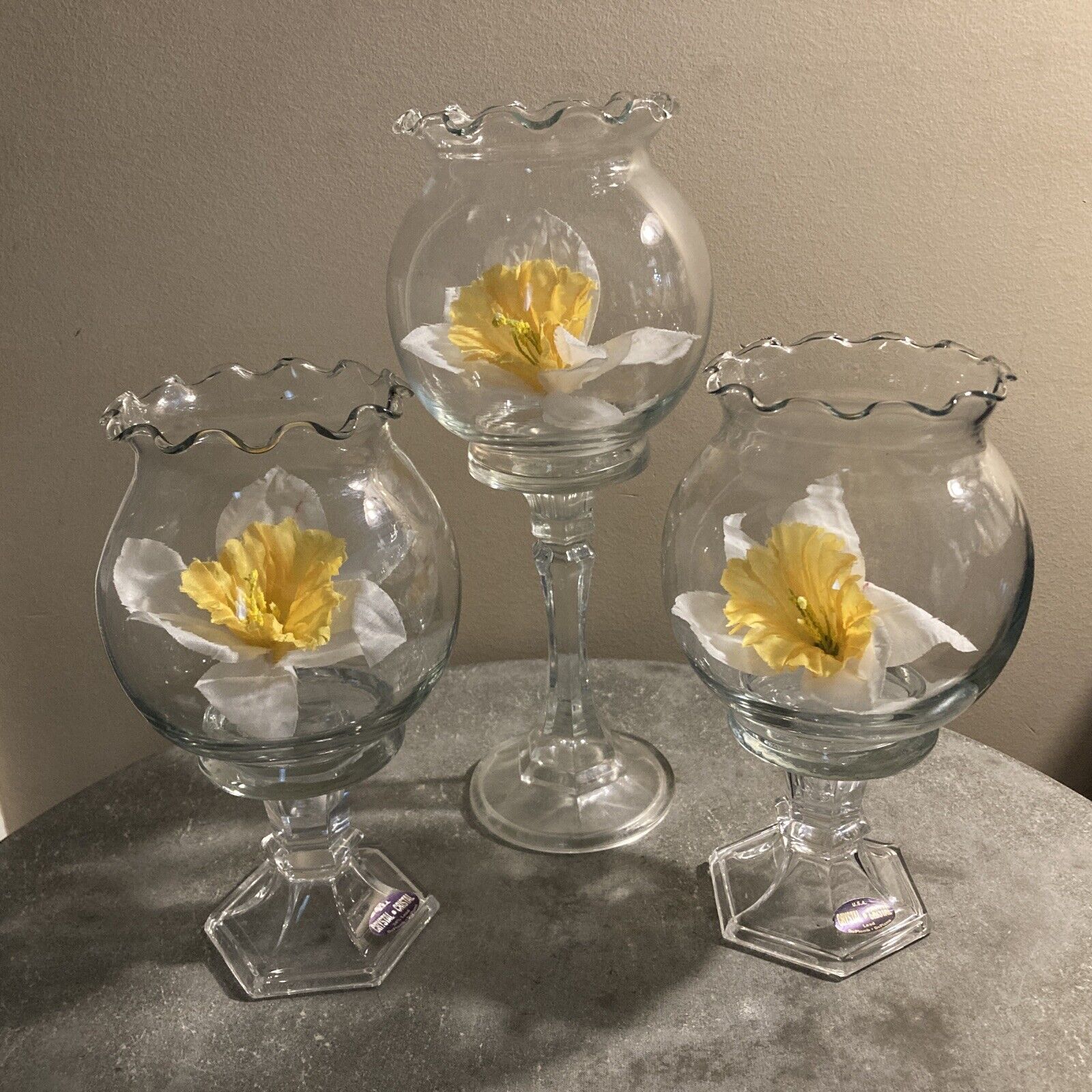 Set Of 3/ Vintage Crystal Water Vase/ Candle Holders/8.5”, 11”x 3.5” Diameter