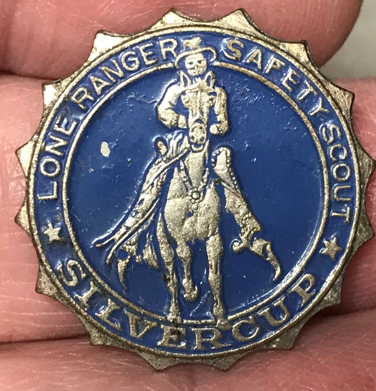Lone Ranger Horse Safety Scout Silvercup vintage pin 1950s Blue & Silver 1\
