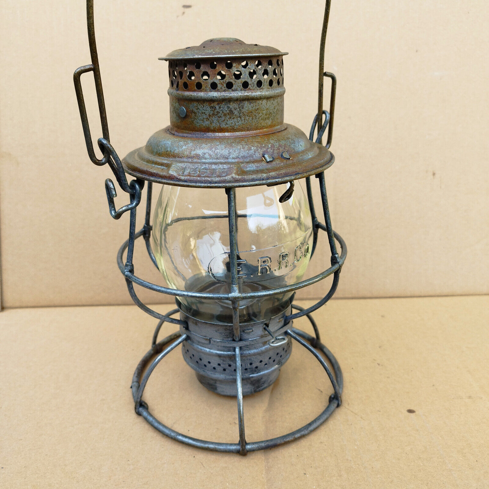  Antique Lantern Kerosene Train ADLAKE glass E.R.R.Co. Old Lamp  Safety Grid