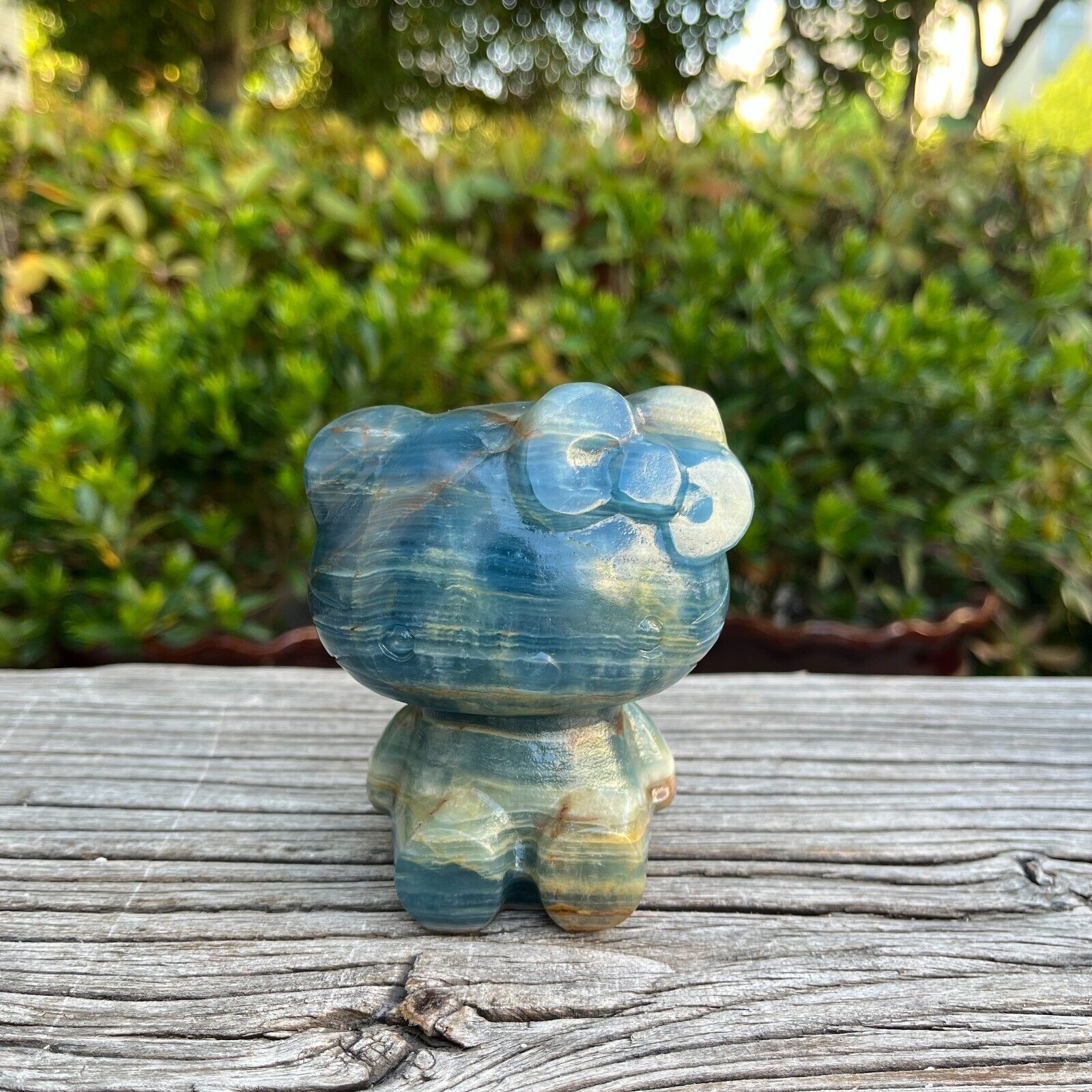 1.3LB 3.1\'\' Natural Blue Onyx Hello Kitty Statue Quartz Crystal Carving Decor
