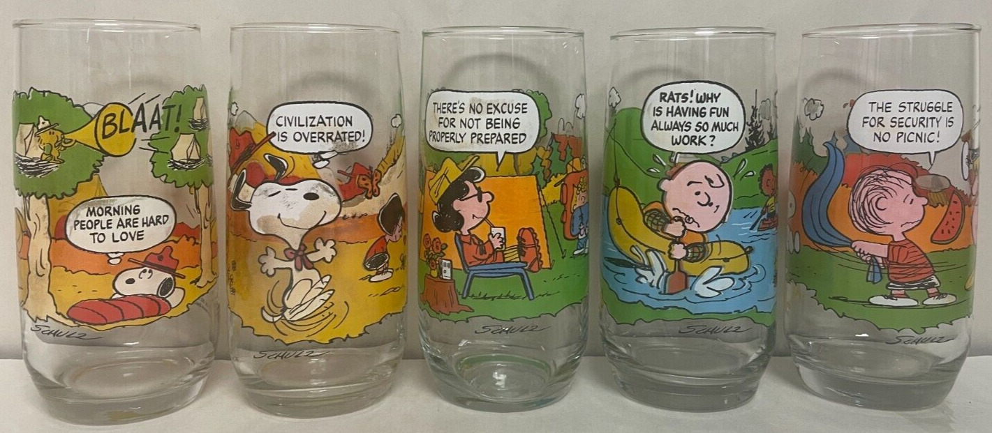 Peanuts - Set of 5 1983 McDonald's 'Camp Snoopy Collection' Glass Drinking Cups