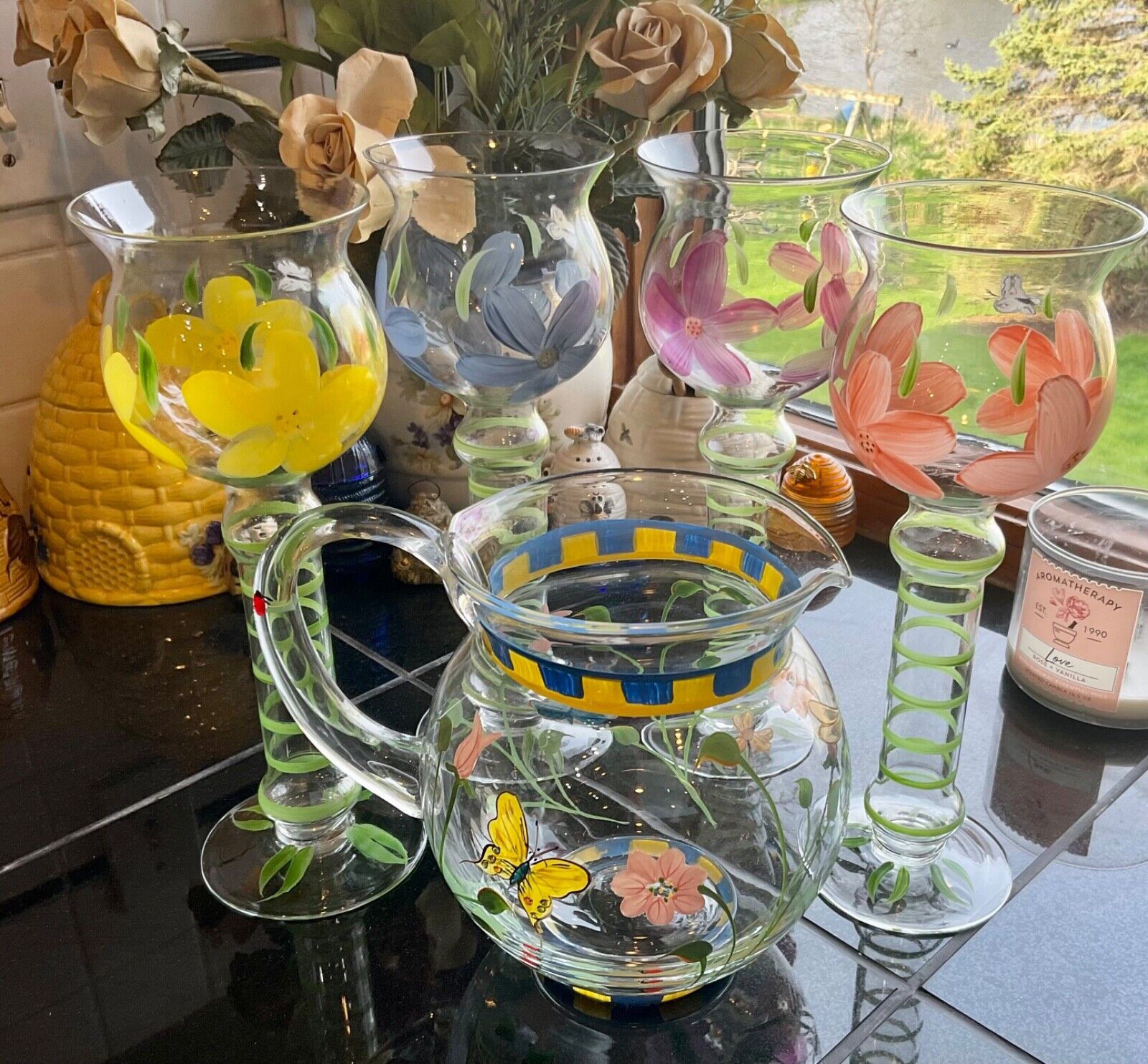VINTAGE GLASS PITCHER With Tall Wine GLASSES HAND PAINTED FLOWERS