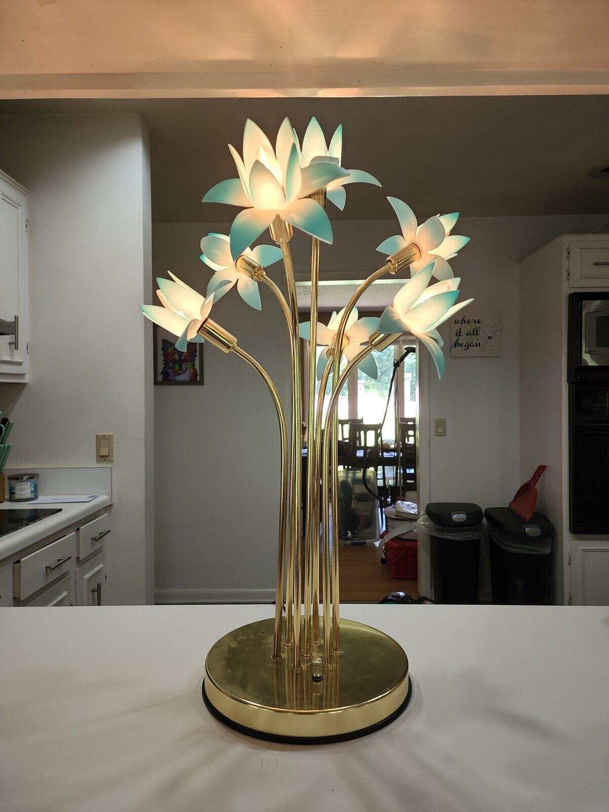 Vtg Lotus Lamp Mid Century Hollywood Regency Brass And Acrylic As Is Blue