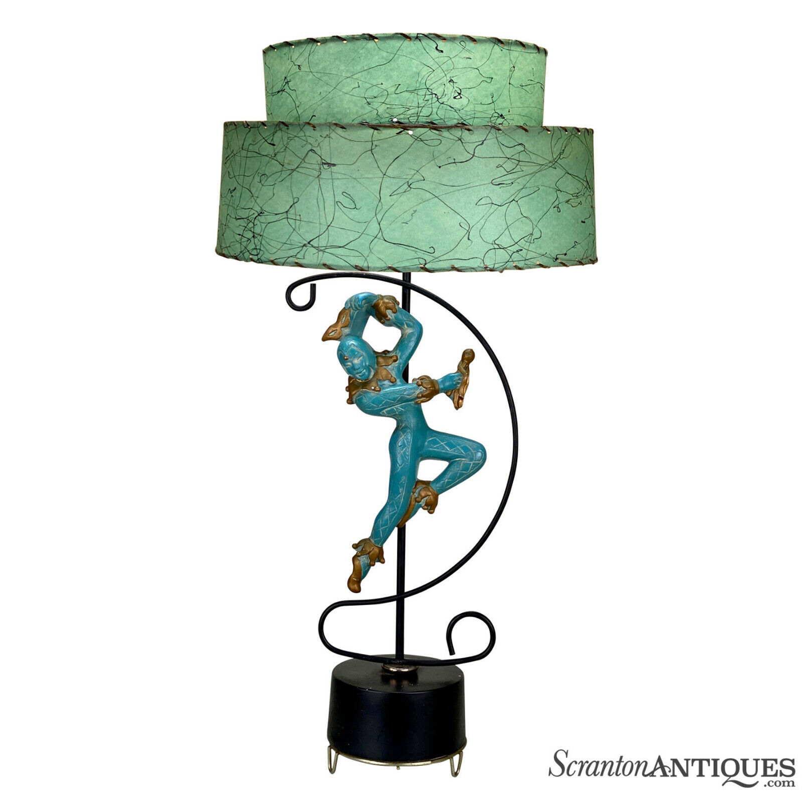 Mid-Century Chalkware & Iron Harlequin Jester Table Lamp