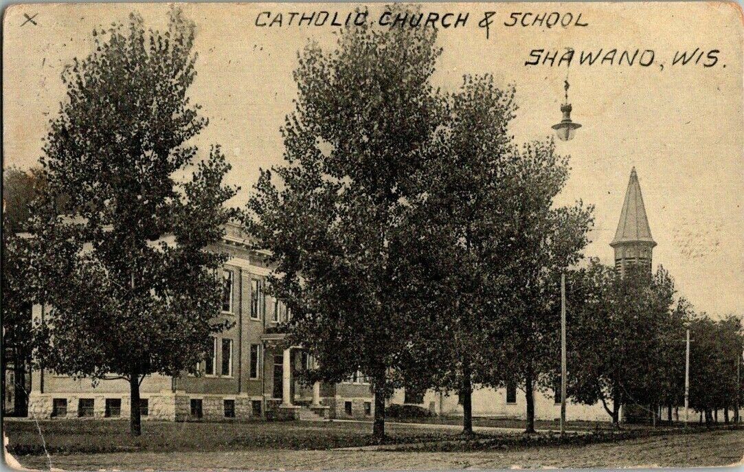 1910. SHAWANO, WIS. CATHOLIC CHURCH AND SCHOOL. POSTCARD II3