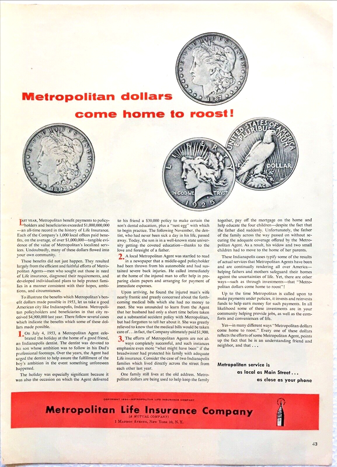 Vintage Print Ad Metropolitan Life Insurance Morgan Silver Dollar Peace Coins