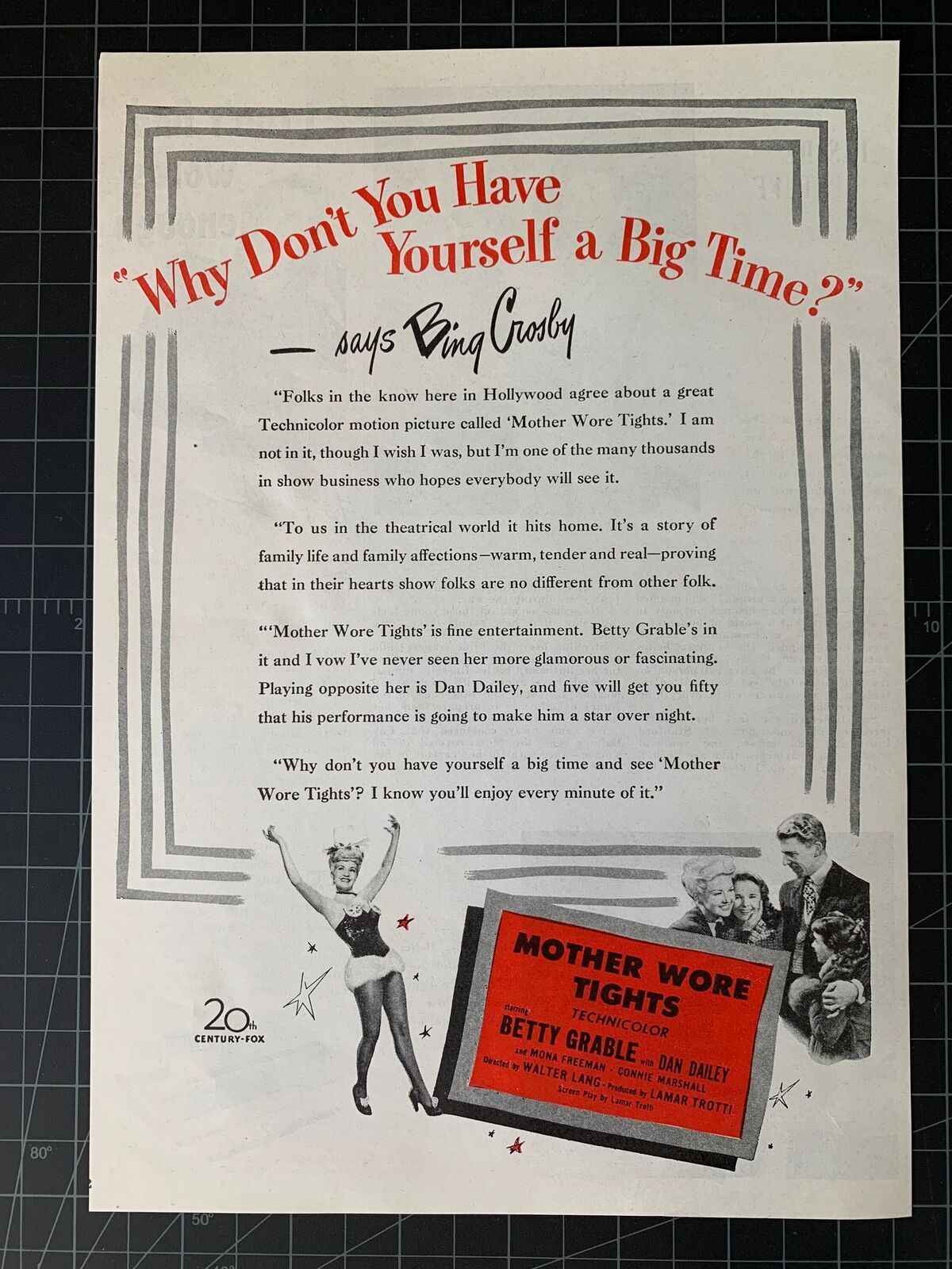 Vintage 1951 “Mother Wore Tights” Film Print Ad - Bing Crosby Quote