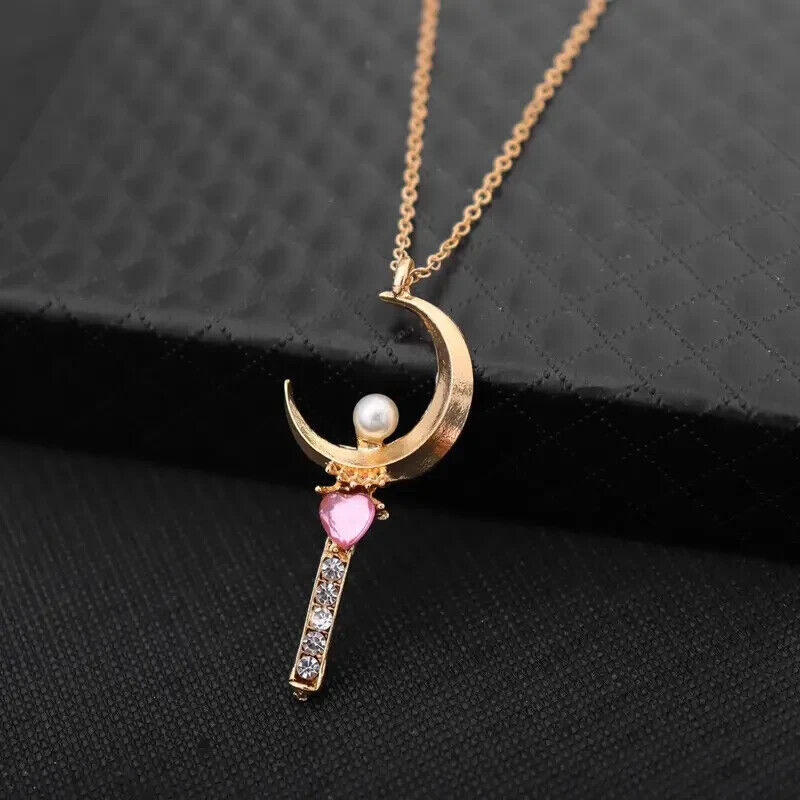 SAILOR MOON NECKLACE Gold & Pink Gem Moon Stick (Wand) Pendant Anime Gift