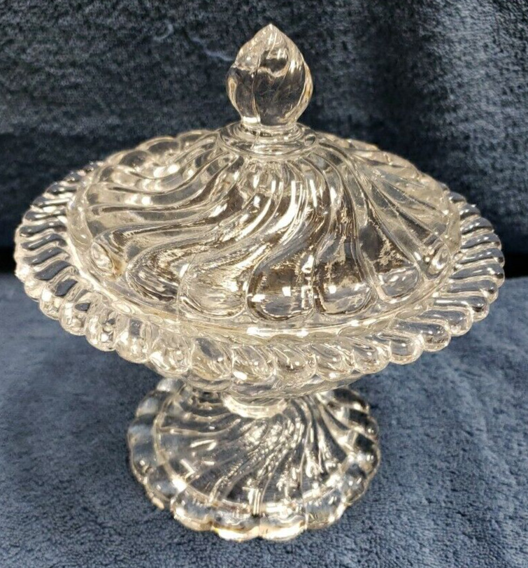 Depression Glass Large Swirl Pattern Pedestal Candy Dish With Lid Clear Crystal