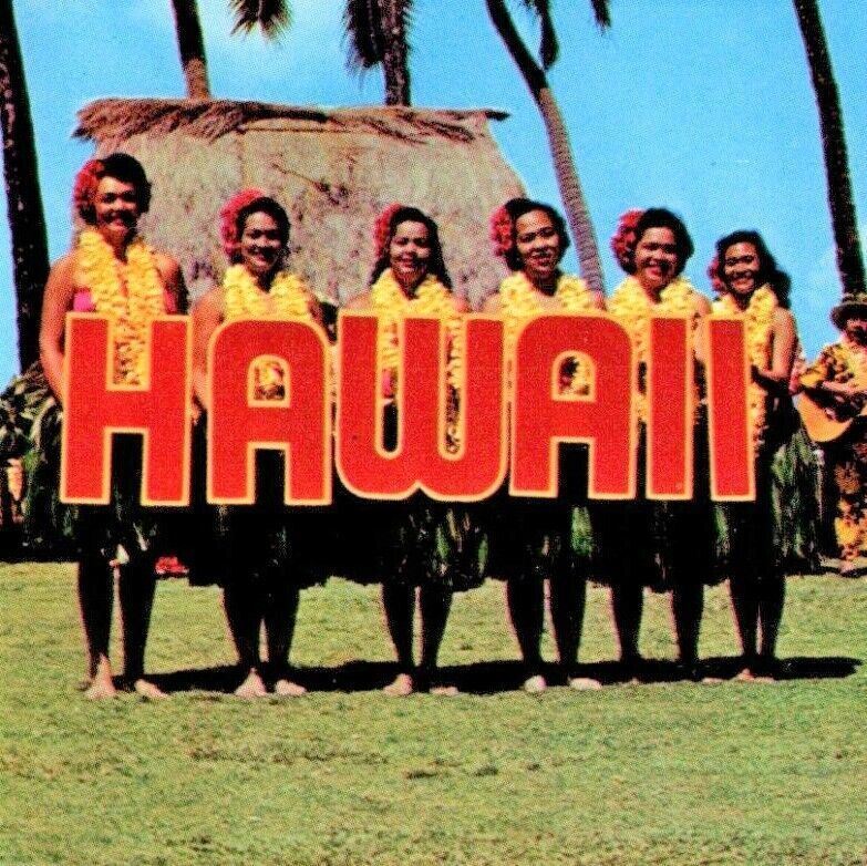 1960s Hawaii Hula Maids RPPC Postcard Catamaran Canoe Musicians Mike Roberts