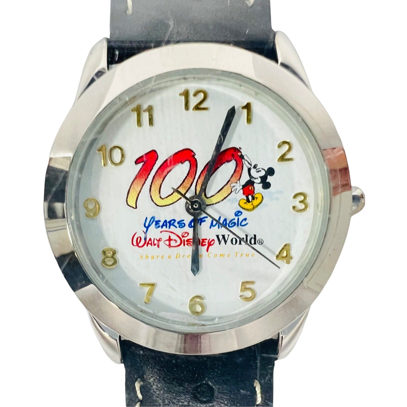WDW Mickey Mouse Watch Black Leather Band 100 Years Of Magic Time Works SEALED