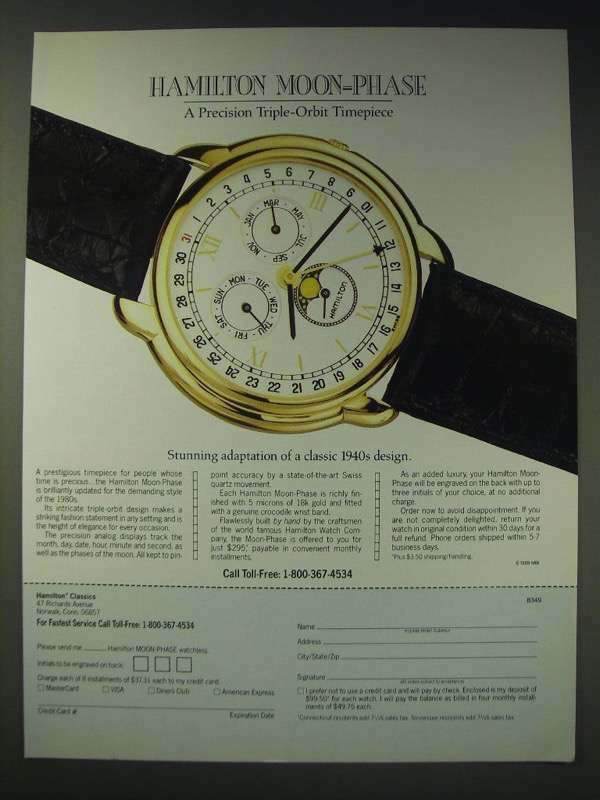 1989 Hamilton Moon-Phase Watch Ad - A precision triple-Orbit Timepiece