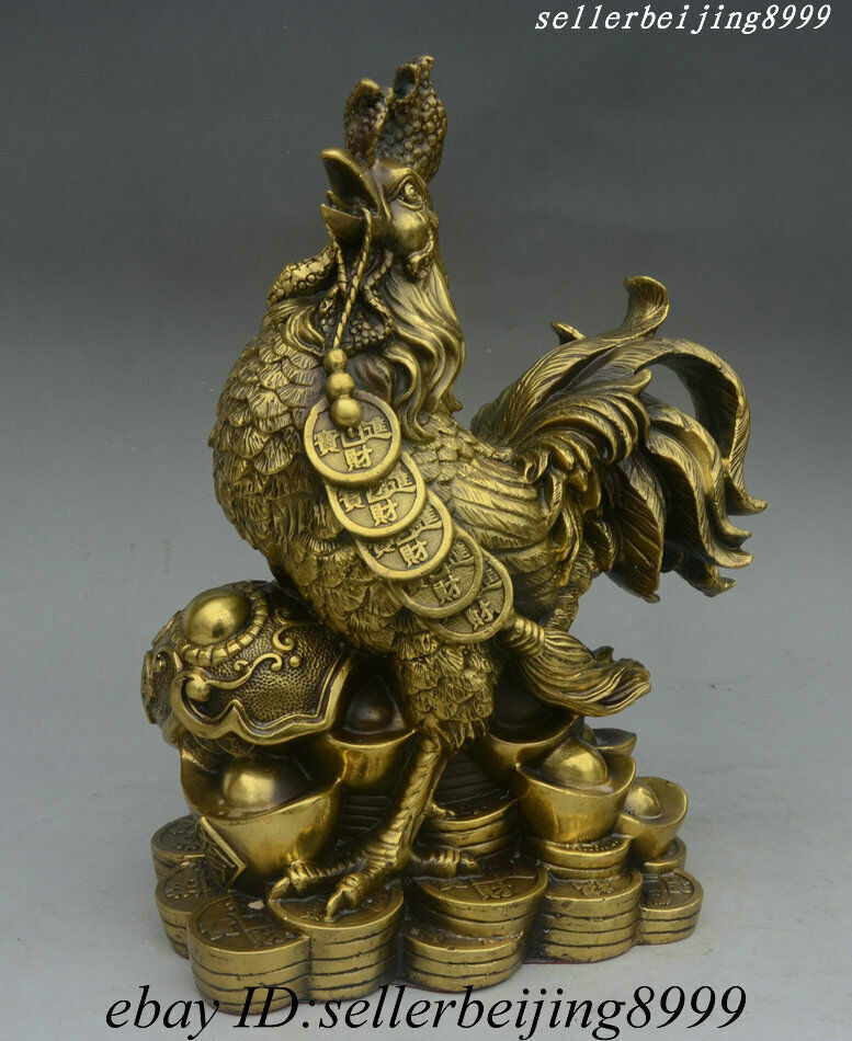 China Pure Copper Bronze Fengshui Zodiac Rooster Cock Wealth Coins RuYi Statue