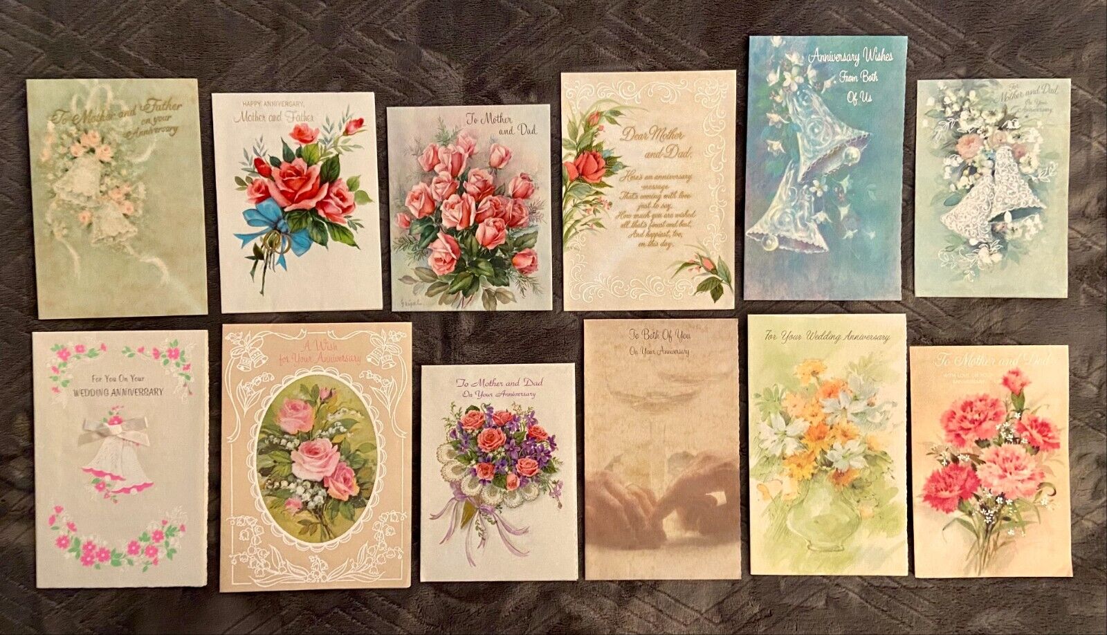 Vintage Anniversary Parchment Greeting Cards Lot of 12 Glitter Thermography Used