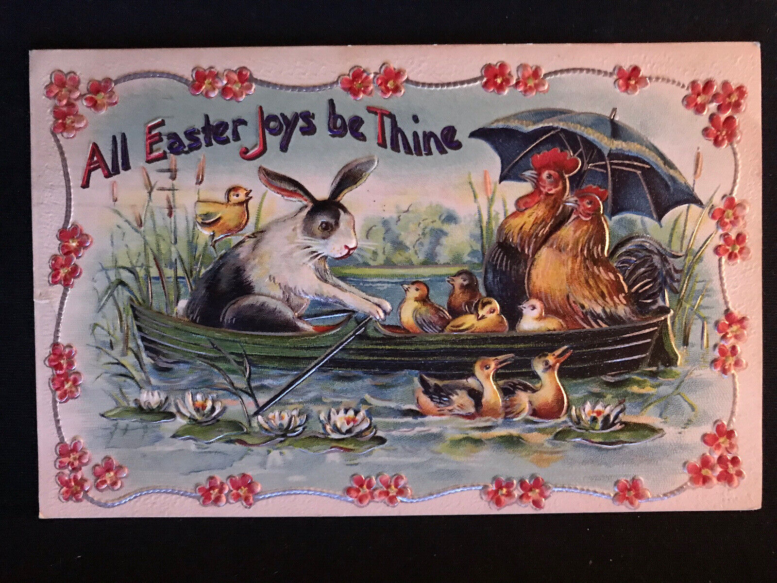 Easter Fantasy Postcard~Humanized Bunny Rabbit in Rowboat~with Hens~Chicks-d168