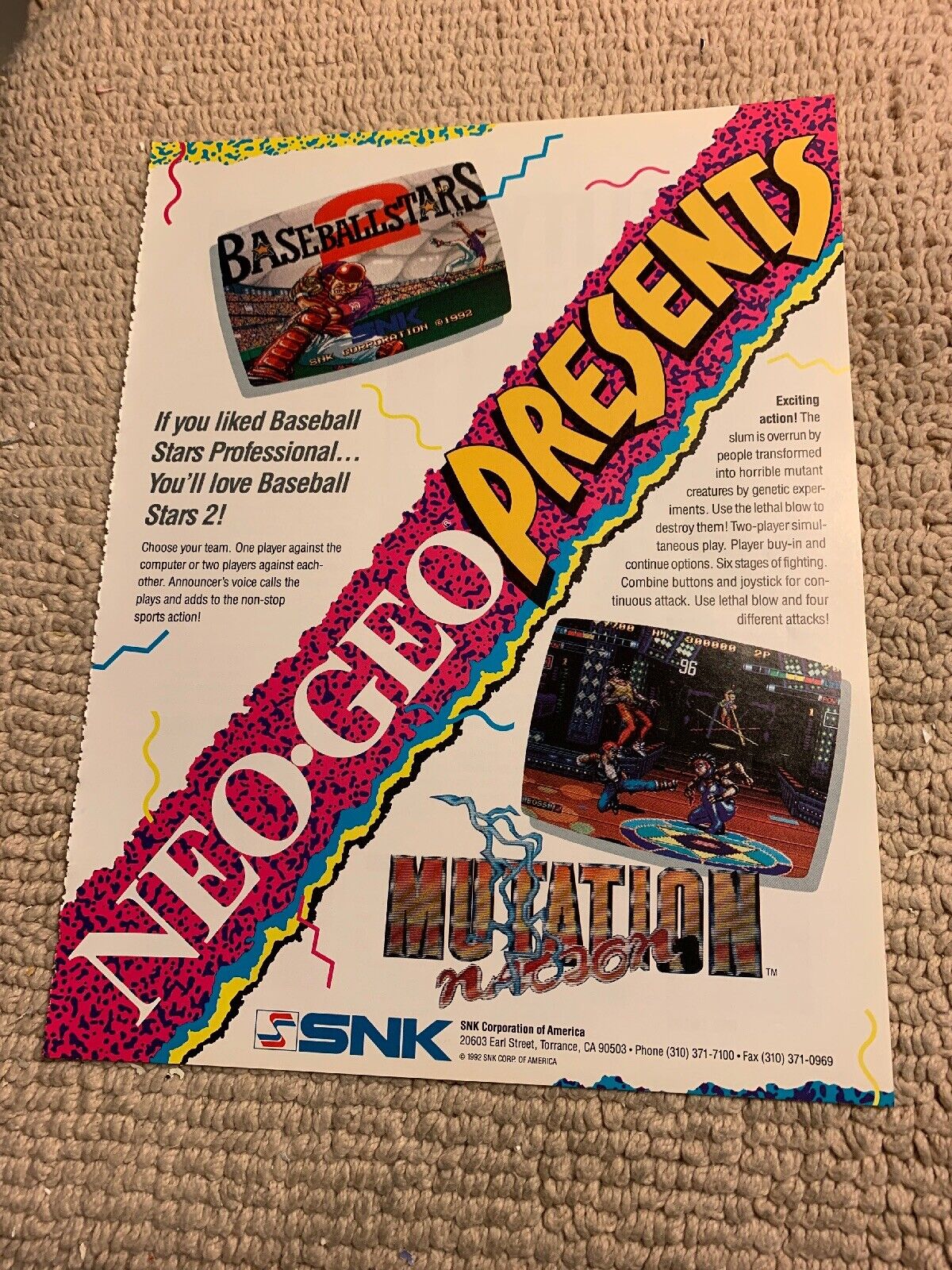 11-8 1/4” Baseball Stars Mutation Nation Neo Geo Snk arcade video game FLYER AD