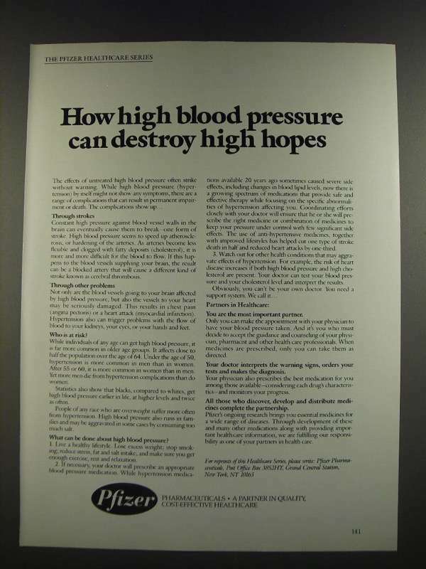 1986 Pfizer Pharmaceuticals Ad - How High Blood Pressure Can Destroy High Hopes