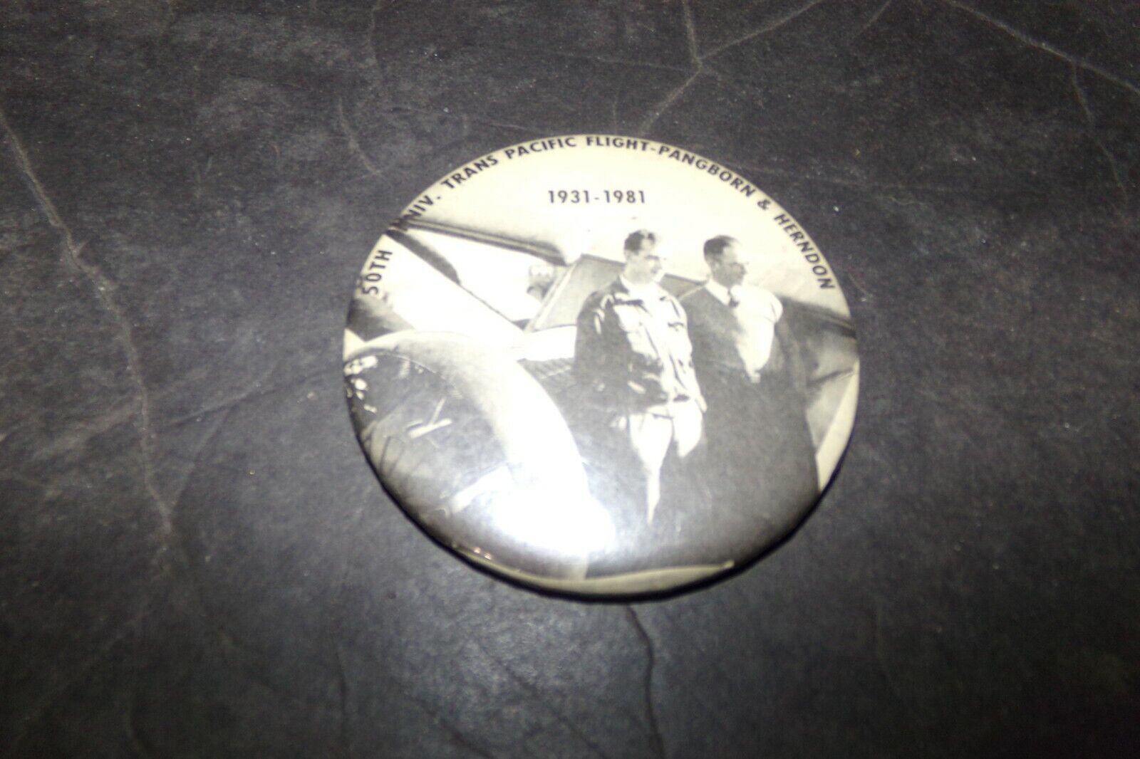 Vintage Button Pin Clyde Pangborn & Hugh Herndon First Trans Pacific Flight 50th