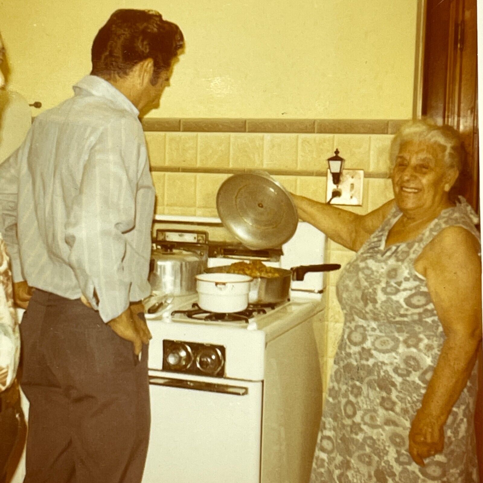 AYE Photograph 1969 Happy Old Fat Lady Showing Off Whats Cooking Stove Pots Pans