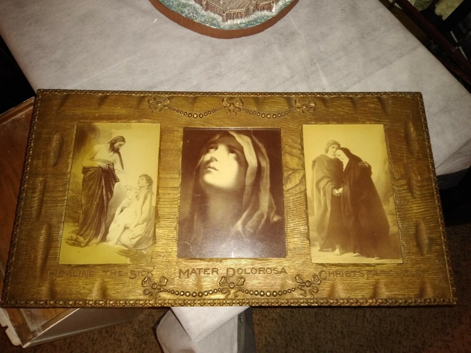 3 Antique Wood framed Catholic Prints - Mater Dolorosa, Jesus Healing the Sick +