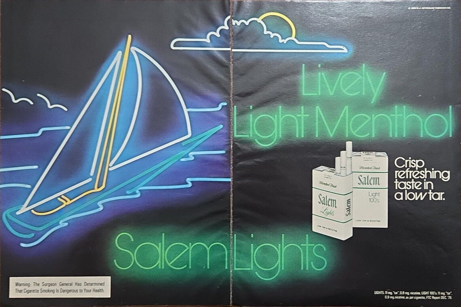 Two Page Vintage Print Ad 1980 Salem Lights Cigarettes Menthol Neon Sailboat