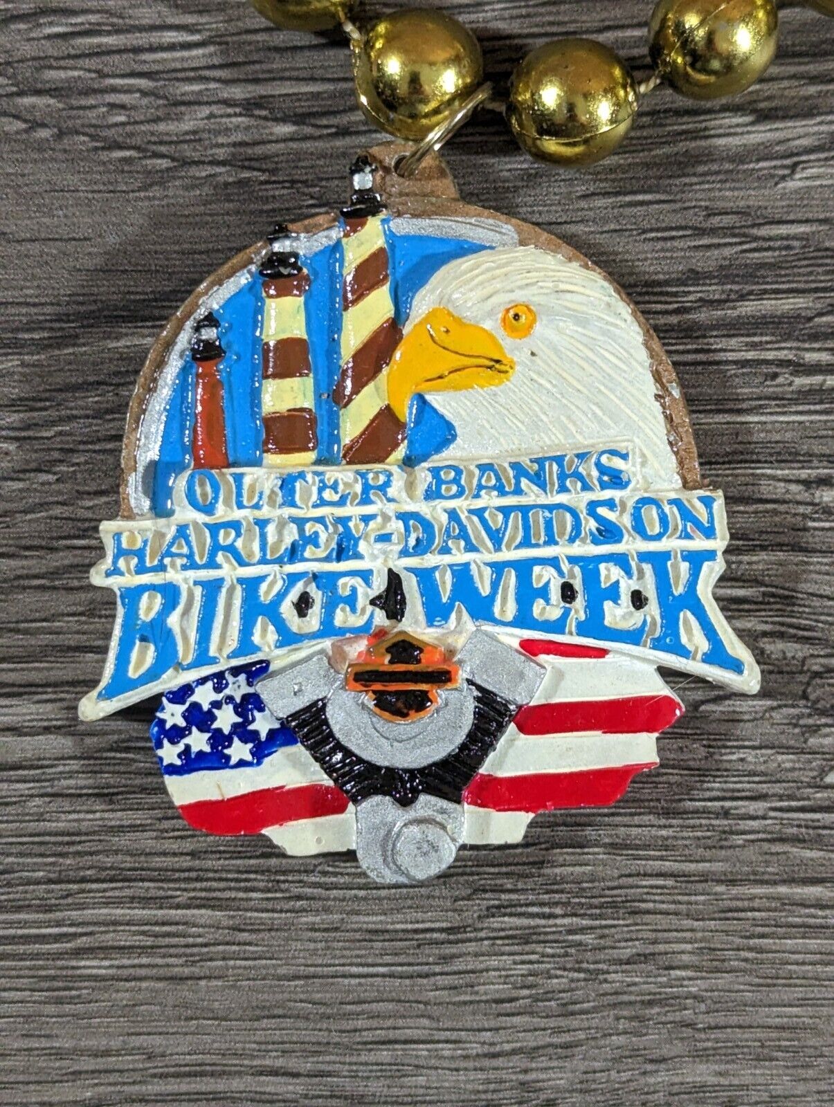 Vintage Harley Davidson Outer Banks Bike Week Beaded Necklace Pendant