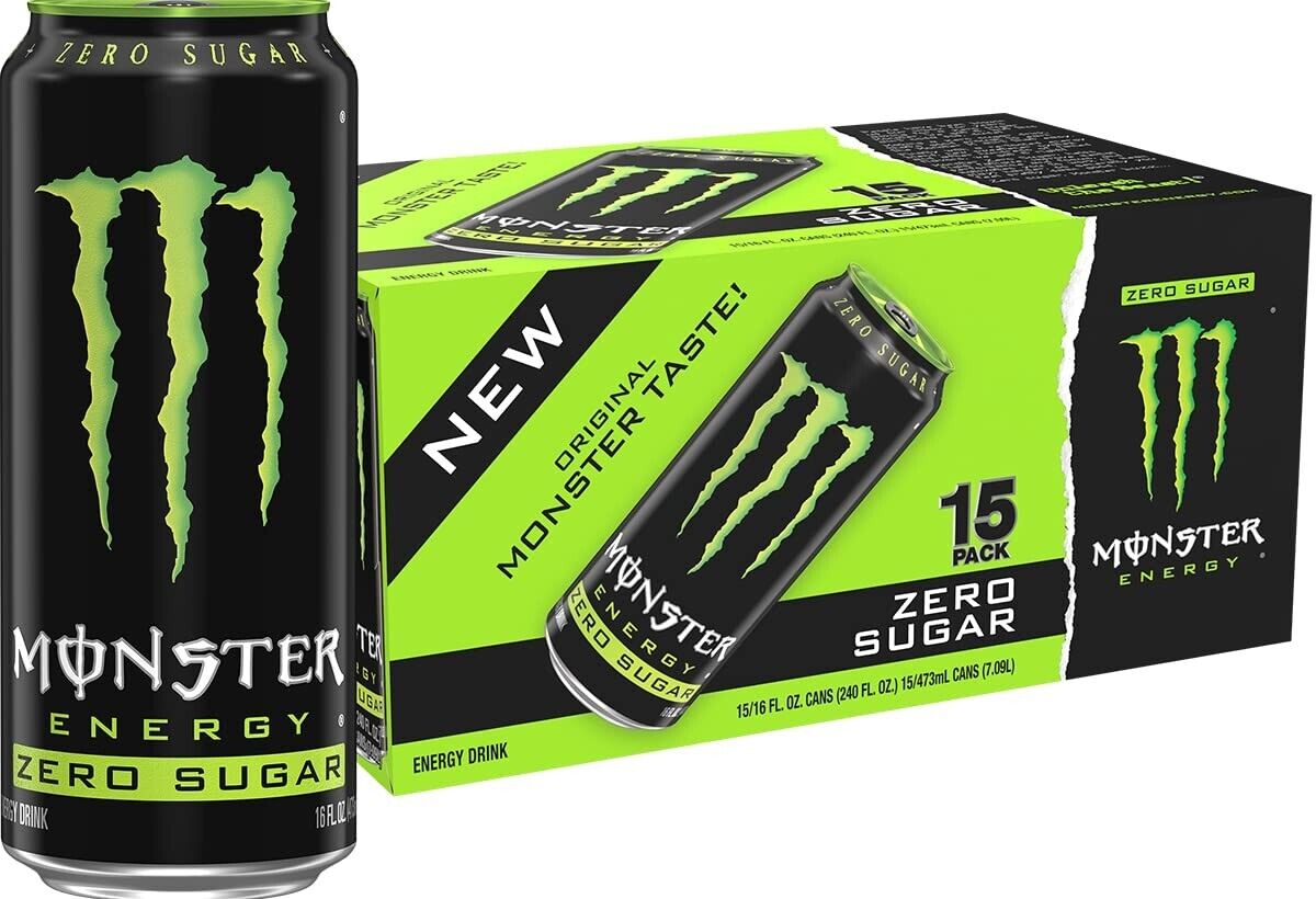 Monster Energy Zero Sugar, Green, Original, Low Calorie Energy Drink, 16 Fl Oz