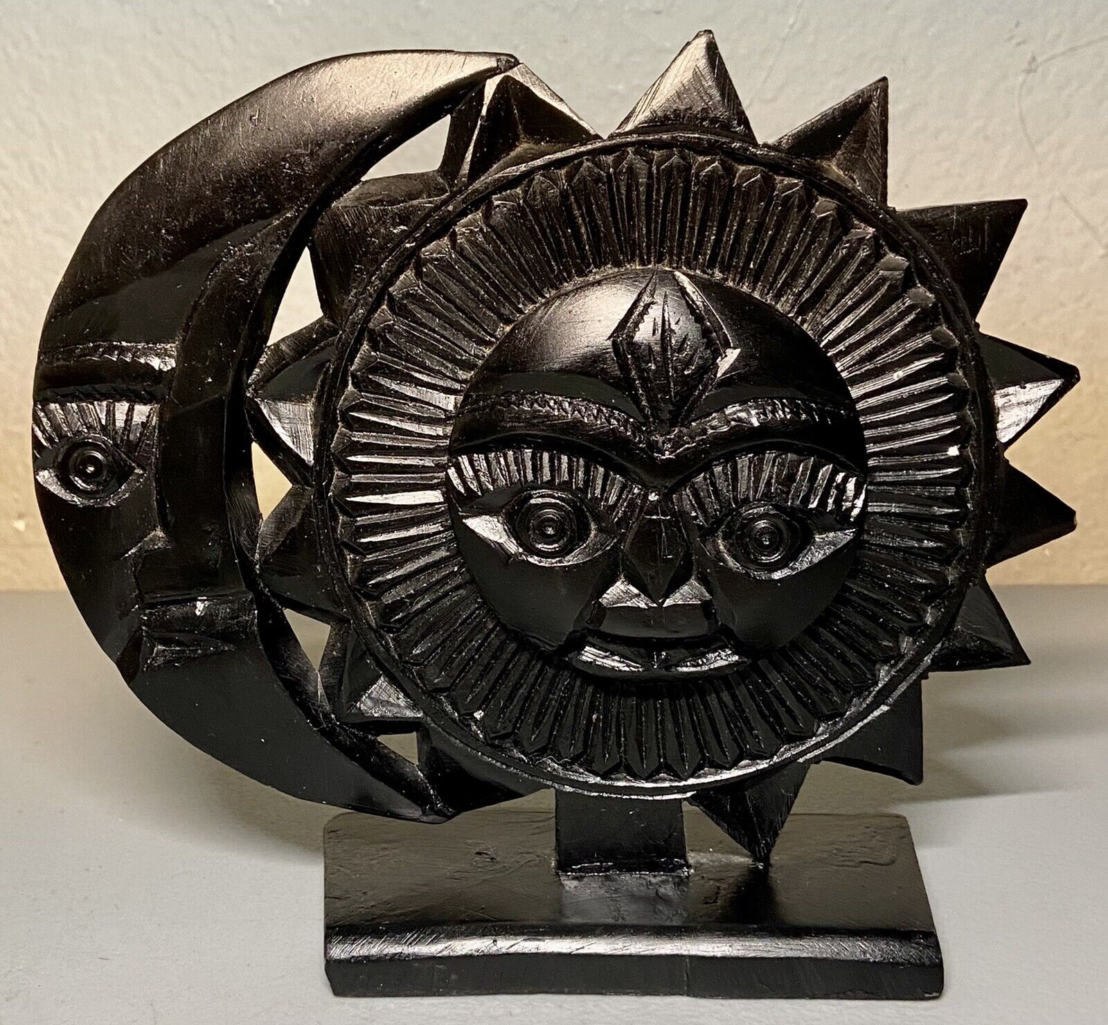 Vintage Andean ￼Symbology Cosmology Sun & Crescent Moon Statue Black Pottery WOW