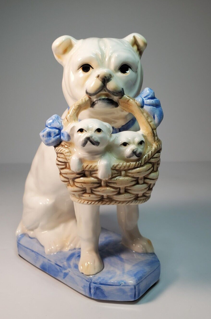 Fitz & Floyd Bulldog With Basket of Puppies Porcelain White & Blue Vintage FF