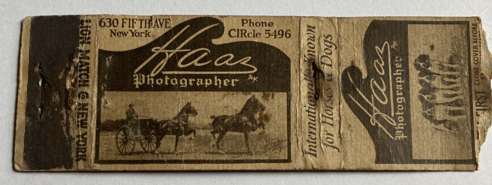 Haas Photographer New York City NY Vintage 1930s Matchbook Cover
