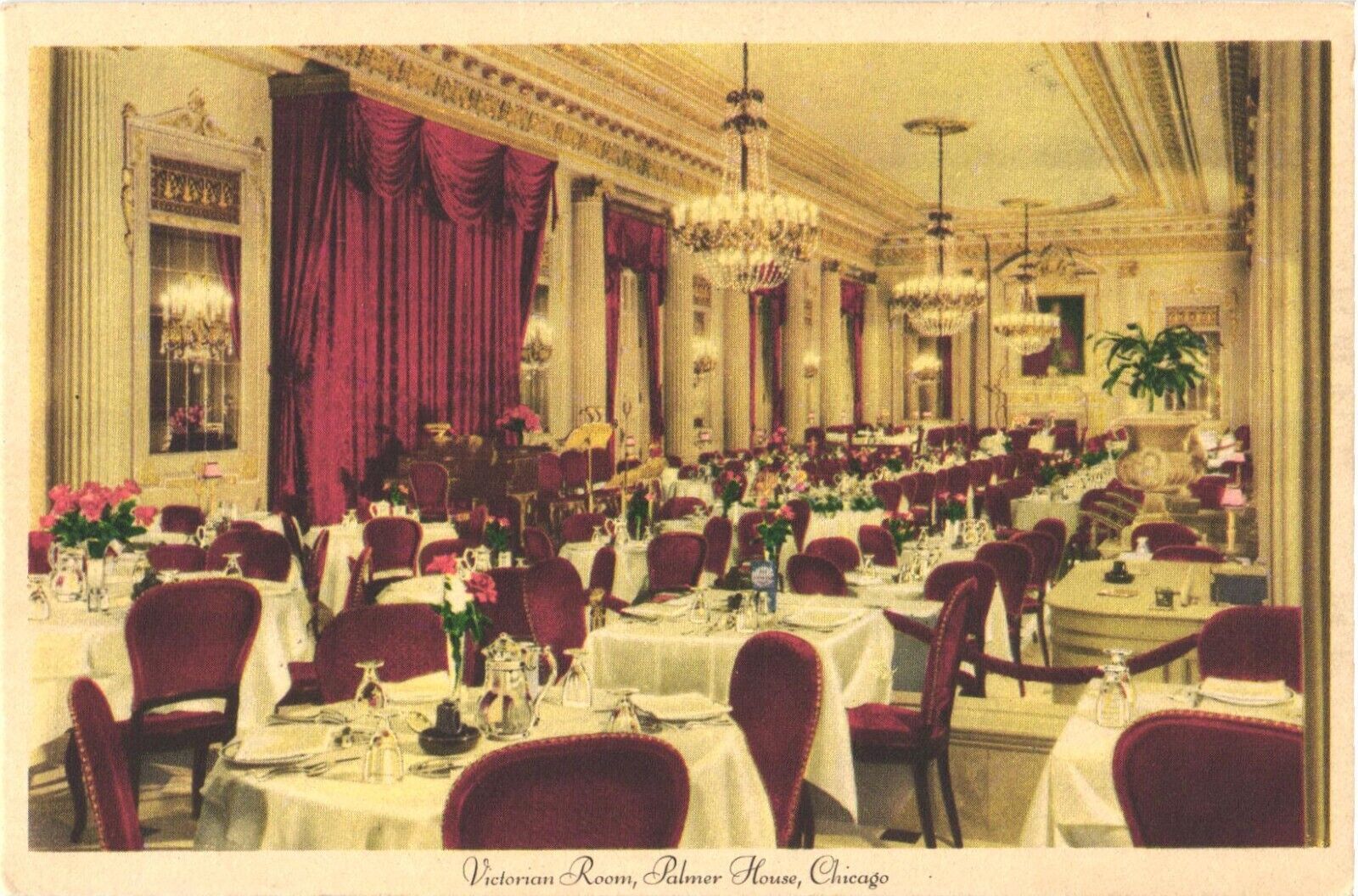 View Inside The Victorian Room, Palmer House, Chicago, Illinois Postcard