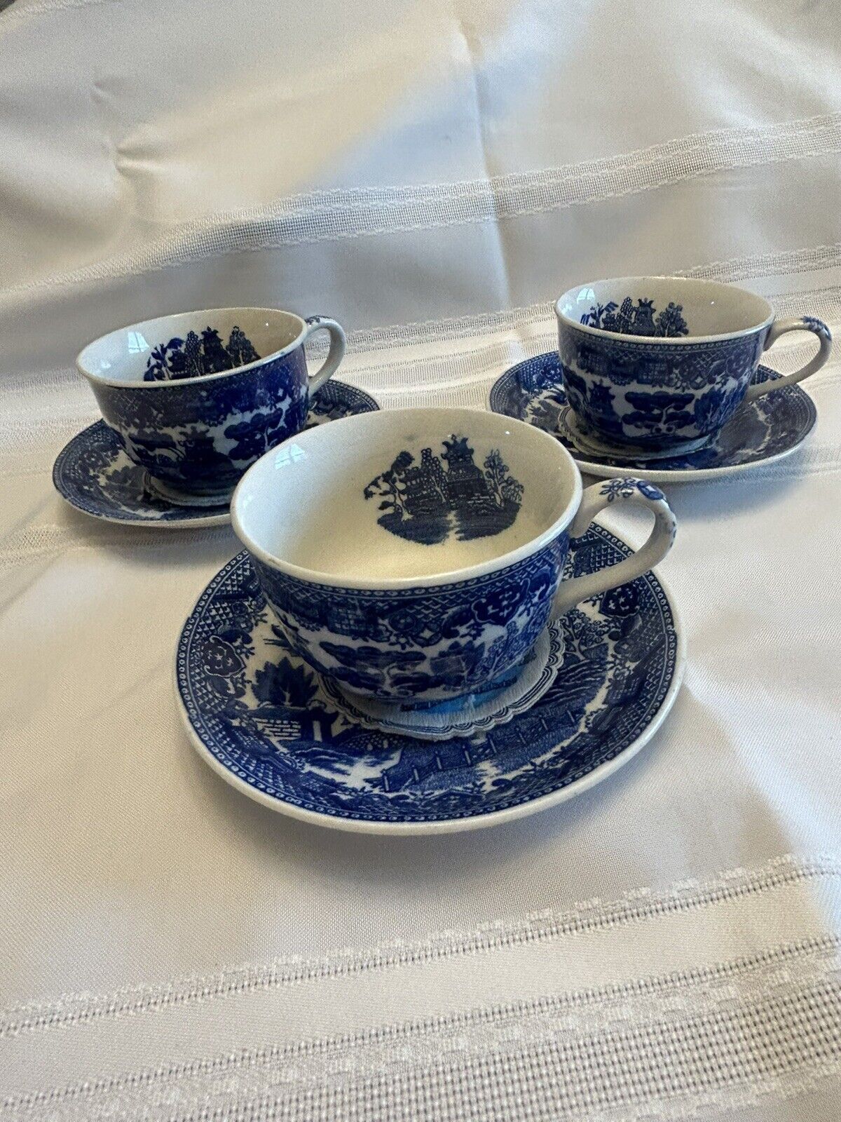 Vintage Blue Willlow Cups,  Saucers and Coasters, Japan Stamped