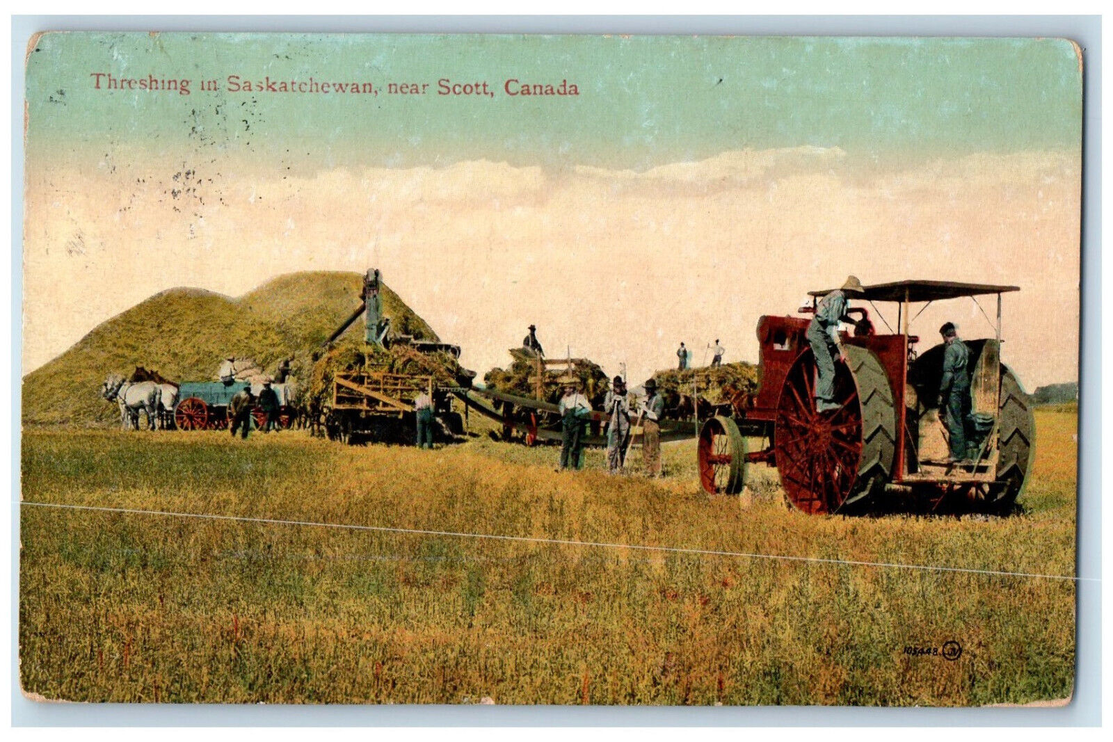 Scott Saskatchewan Canada Postcard Barn Threshing in Saskatchewan 1913