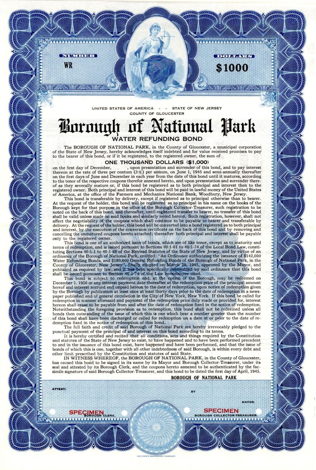 Borough of National Park - 1945 $1,000 Specimen Bond - Specimen Stocks & Bonds