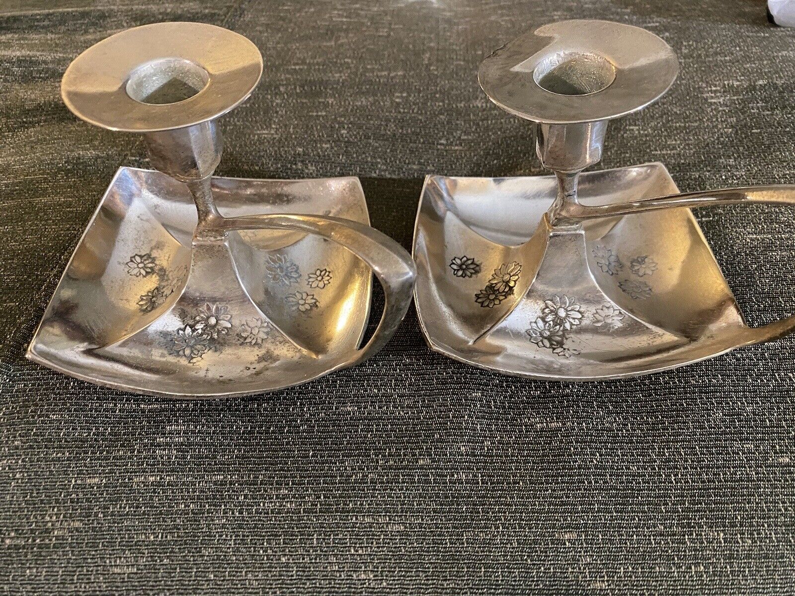 Antique Silver Candlestick Holder  Pair, Rare With Engraving Flower, XIX Century