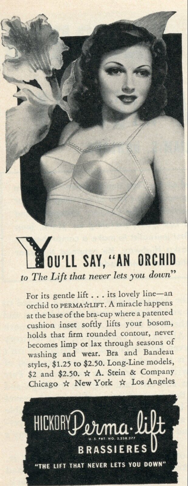 1943 LIFE MAG. PRINT AD FOR HICKORY PERMA LIFT BRASSIERES NEVER LETS YOUDOWN B5