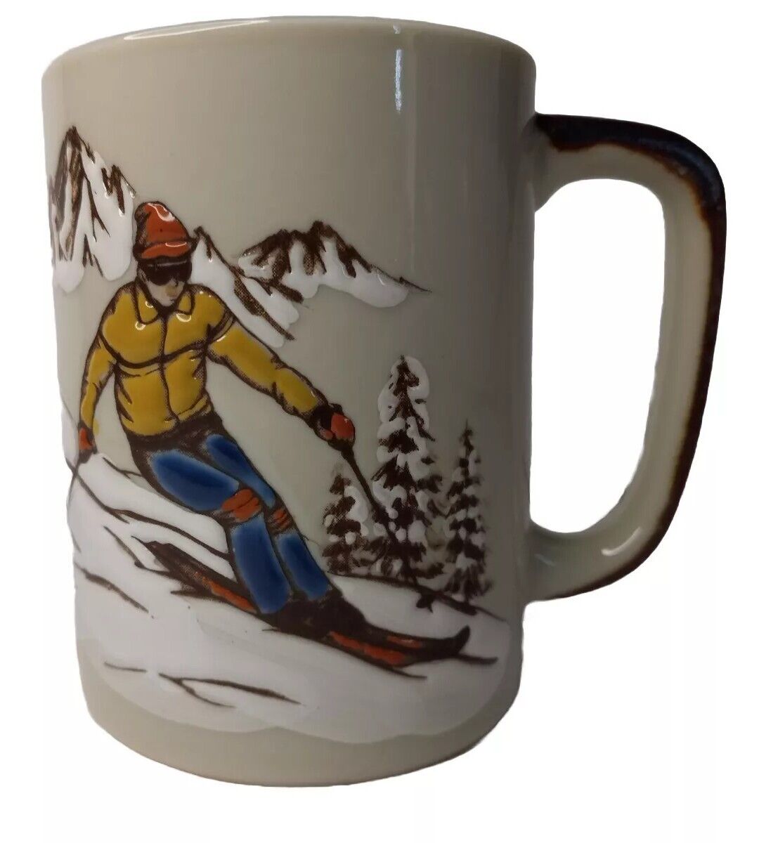 Vintage Otagiri Stoneware Coffee Mug Embossed Skier/Skiing Mountain Pine Tree