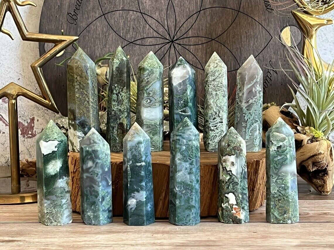 3\'\' Natural Moss Blossom Agate Point Obelisk Green Crystal Wand Tower Decoration
