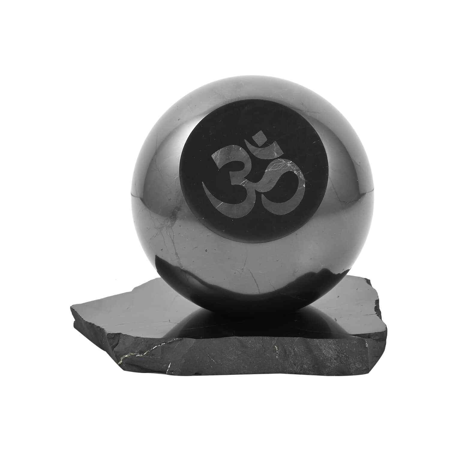 OM Symbol Engraved Black Karelian Shungite Sphere with Stand Approx. Ct 4472