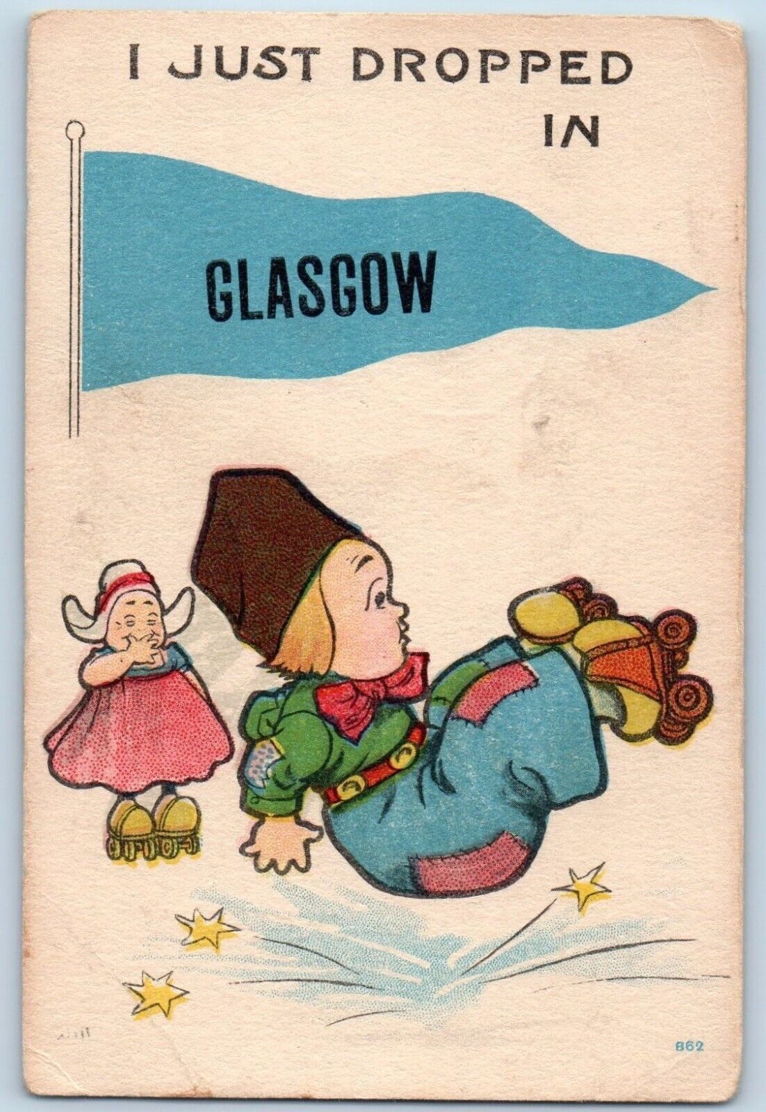 Glasgow Montana MT Postcard I Just Dropped Dutch Kid 1910 Vintage Pennant Posted