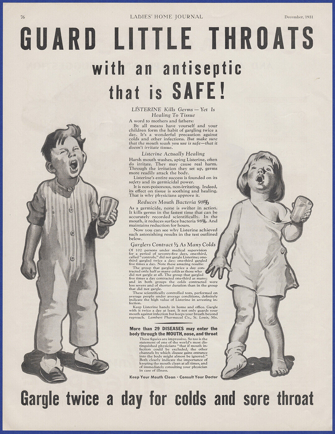 Vintage 1931 LISTERINE Antiseptic For Colds and Sore Throat 30\'s Print Ad