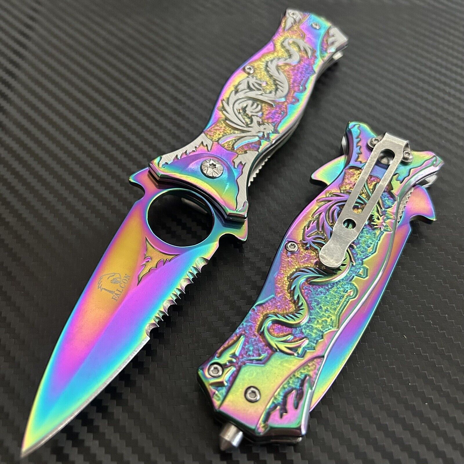 8” Rainbow Dragon Tactical Spring Assisted Open Folding Pocket Knife Hunting