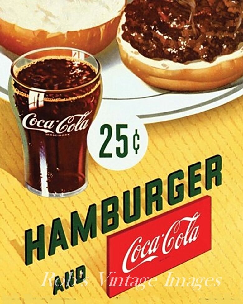 Coca Cola & Hamburger Advertising Poster Drug Store Grill Woolworth’s 1940s-50s