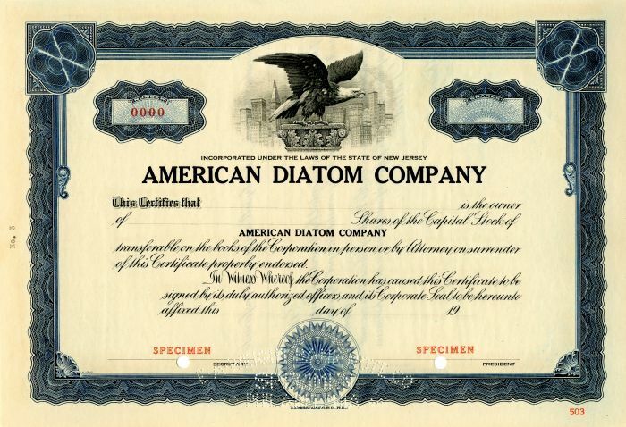 American Diatom Co. - Specimen Stocks & Bonds