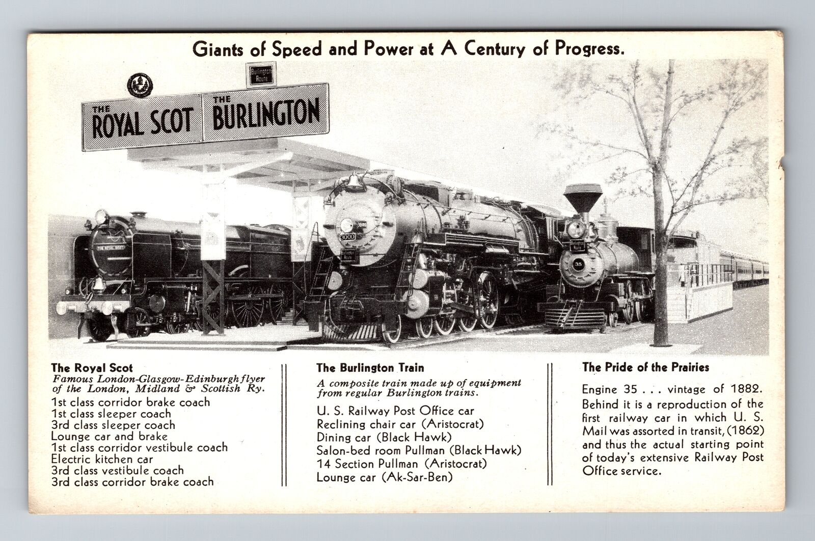 1934 Expo, Giants Of Speed Royal Scot & Burlington Trains Vintage Postcard