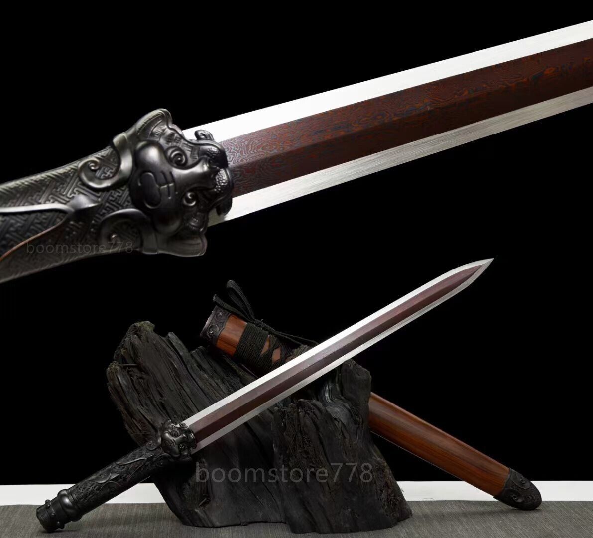 22”Red Damascus Folded Steel Chinese Double Edge Tiger Short Sword Sharp